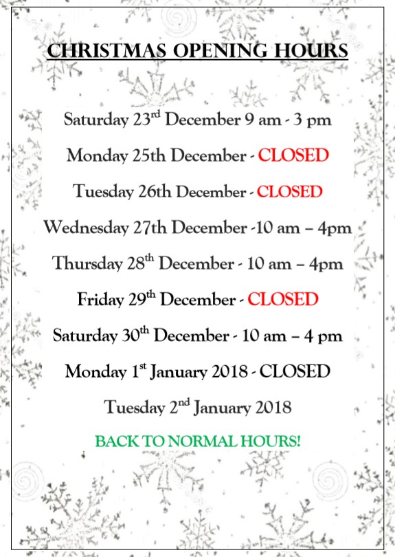 Christmas opening hours 2017